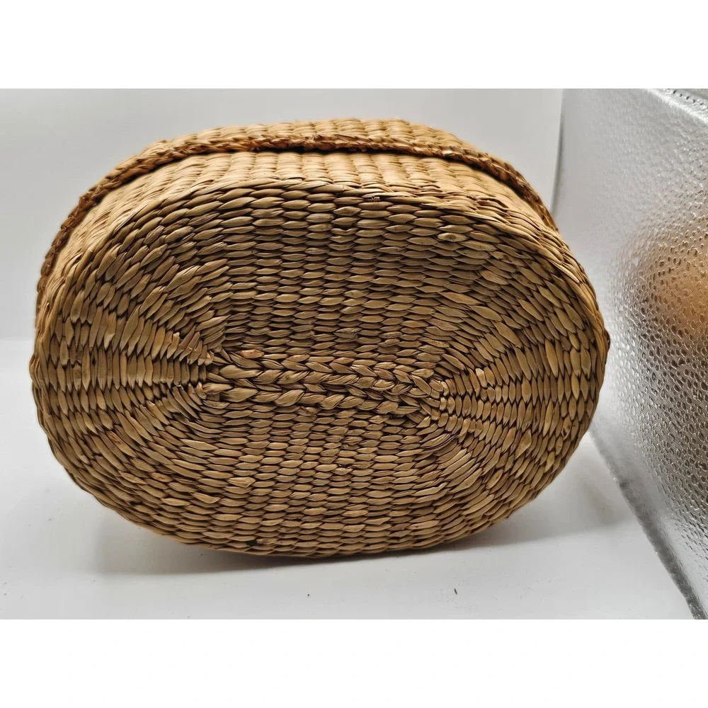 Vintage Wicker Oval Trinket Box with Pink and Purple Fabric Flowers Lid